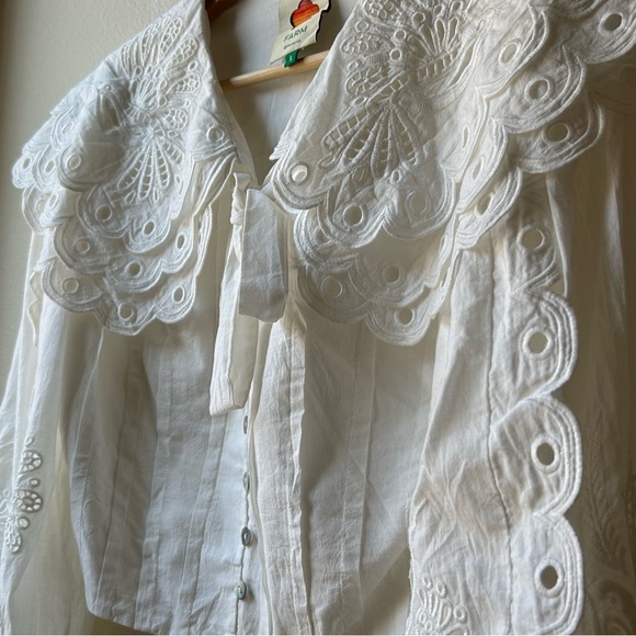 FARM RIO WOMEN'S RICHELIEU BIG COLLAR Eyelet BLOUSE Off White Sz S - Picture 8 of 16